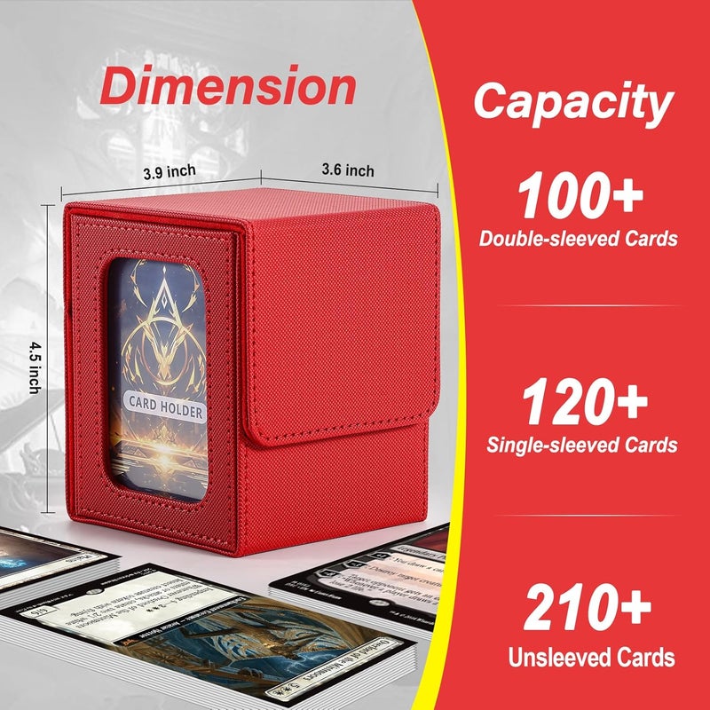 Stepane MTG Deck Box, Double Display Window MTG, Commander Deck Box Fits 120+ Single Sleeved Cards, PU Leather Magnetic Closure Card Box with 2 Dividers&2 Toploaders for TCG, CCG, Red - Image 2